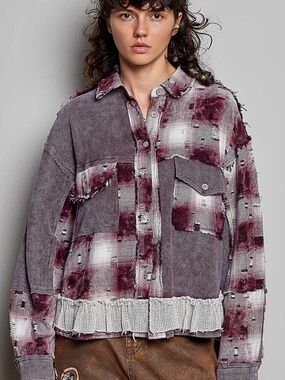 POL Plaid Print Distressed Button Down Loose Fit Shirt